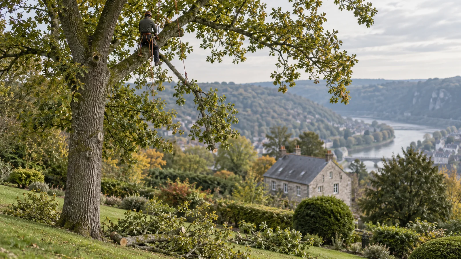 Élagueur encordé dans la couronne d'un grand chêne au-dessus d'un jardin de la vallée de la Meuse